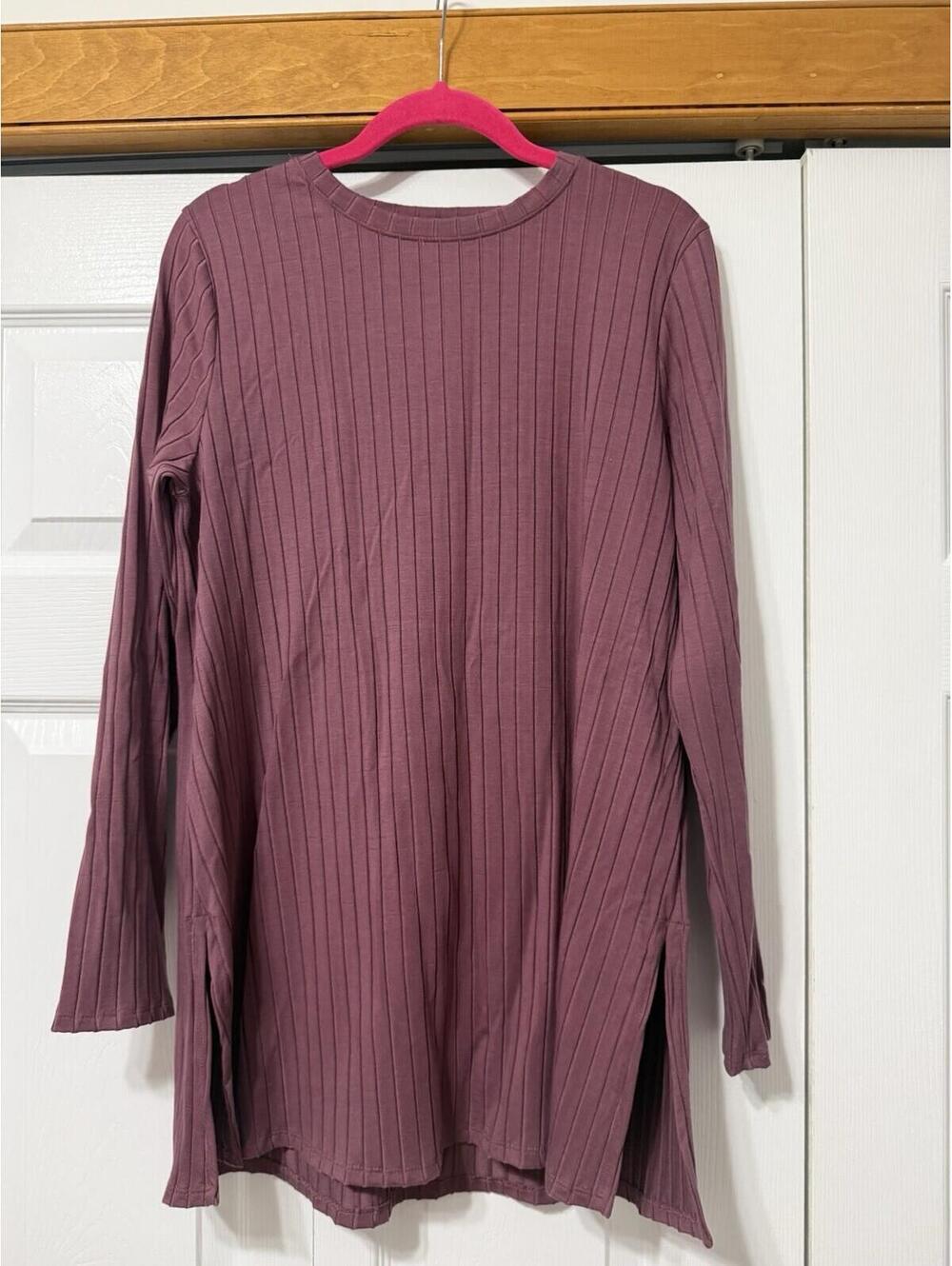 Eileen Fisher Ribbed Tunic Top Mauve Purple Long Sleeve Stretch Knit Size M